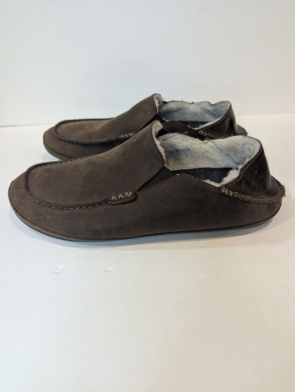 OluKai Moloa Leather Slippers Wool Shearling Lining Men's Slip On Size 12